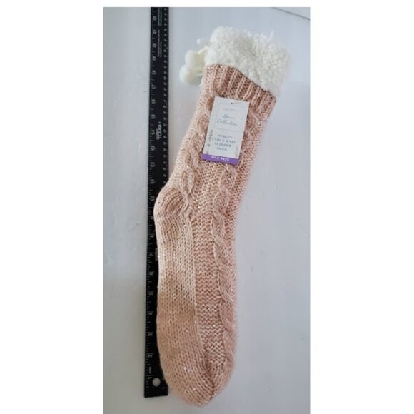 NWT Home Collection Pink Sequin Cable Knit Slipper Socks w Plush Sherpa Lining - Picture 7 of 7